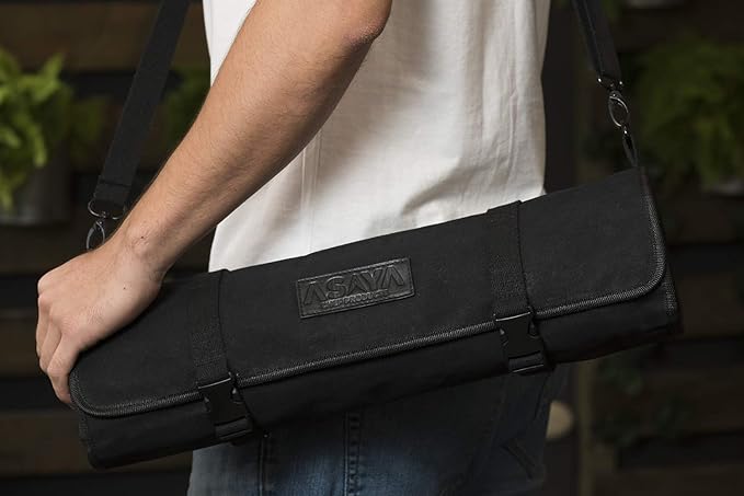 Asaya Canvas Chef Knife Roll Bag - 10 Knife Slots and a Large Zipper Pocket - Durable 10oz Canvas Knife Case with an Adjustable Shoulder Strap - Knives not Included