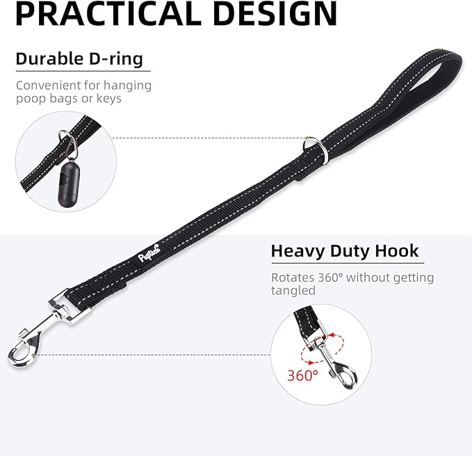 PUPTECK Reflective Short Dog Leash with Comfortable Padded Handle Durable Nylon Dog Lead for Small Medium and Large Dogs Cats Walking Running Training Outside, Black