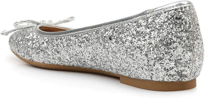 FSJ Women Cute Glitter Ballet Round Toe Flats Bowknot Decor Comfort Loafer Slip On Flat Formal Casual Evening Prom Dress Shoes Size 4-15 US