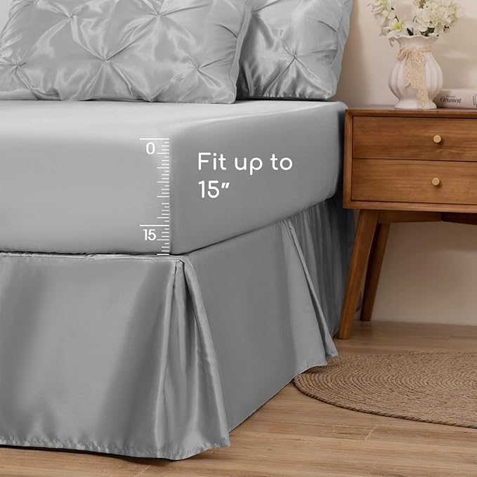 MR&HM Satin Comforter Queen 7 Pieces - Luxurious Pinch Pleat Bedding Set with Comforter, Flat Sheet, Fitted Sheet, Pillowcases & Shams, Super Silky Soft Bed Set for All Season (Queen, Silver Grey)