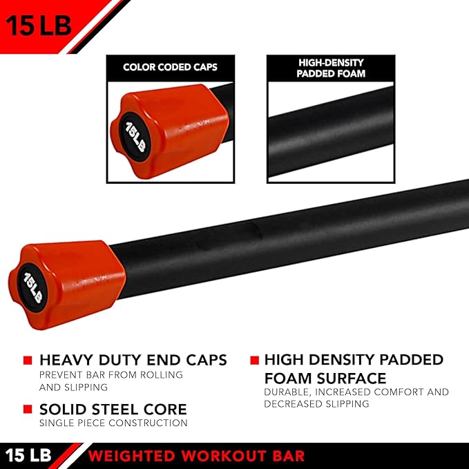 JFIT Weighted Workout Bars, 7 Size Options, 5-30lbs, Rubber Padded, Heavy-Duty, Solid Steel Exercise Bar For Body Toning, Aerobics, Yoga, Pilates