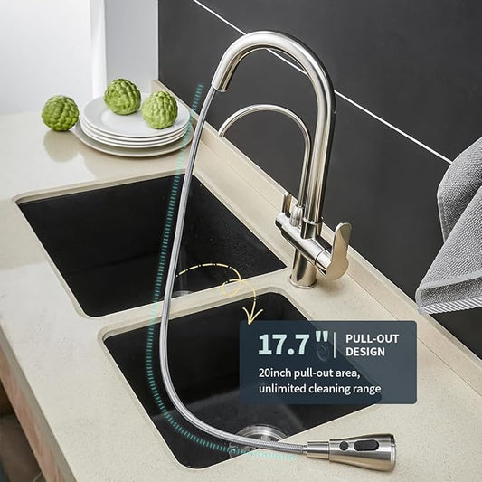 Kitchen Sink Faucet with Pull Down Sprayer 2 Handle 3 in 1 Water Filter Purifier Faucets Brushed Nickel 0195SN