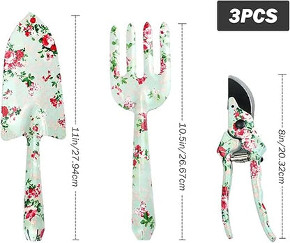 Gardening Tools Set, Garden Tool Set, 3Pcs Gardening Gifts for Women, Gardening Tools with Floral Print, Including Trowel, Pruner, Hand Rake