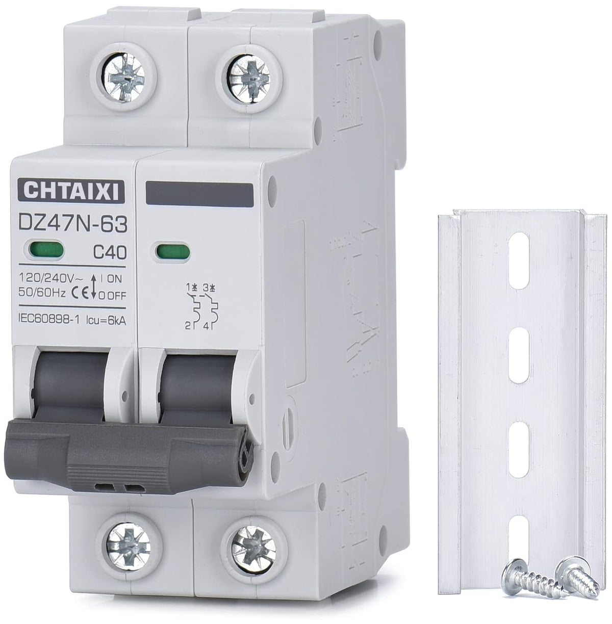 AC Miniature Circuit Breaker, 40 Amp 120V/240V 2 Pole DIN Rail Mount, Thermal Magnetic Trip, Solar AC Disconnect Switch MCB C40