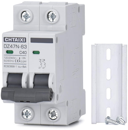 AC Miniature Circuit Breaker, 40 Amp 120V/240V 2 Pole DIN Rail Mount, Thermal Magnetic Trip, Solar AC Disconnect Switch MCB C40
