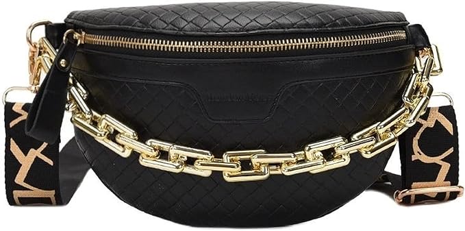 Thick Chain Women's Fanny Pack Plaid leather Waist Bag Shoulder Crossbody Chest Bags Luxury Designer Handbags Female Belt Bag (Black)