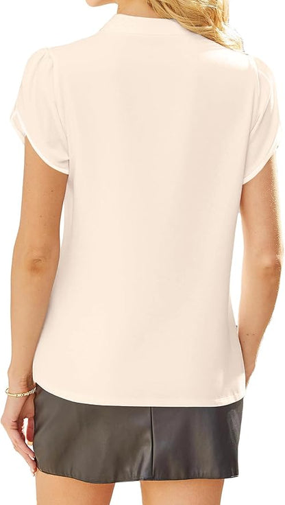 Avanova Women Short Sleeve Blouses Tie Neck Petal Tulip Sleeve Tops Work Business Shirts