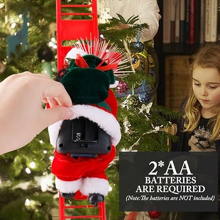 Black Santa Claus Climbing Ladder to Christmas Tree, African American Santa Christmas Decoration with Music Lights, Include Instructions for Tree Hanging Ornament, Xmas Gift
