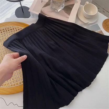 Womens Pleated Knit Skirt High Waist A Line Sweater Skirts Winter Solid Elastic Knitting Ribbed Mini Dress