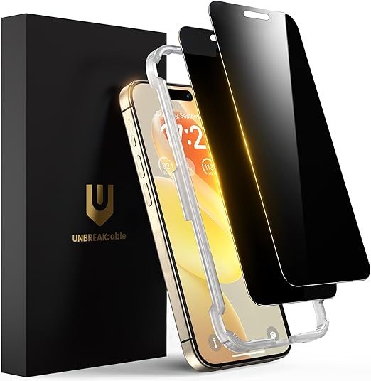 UNBREAKcable Privacy Screen Protector for iPhone 15 Pro Max, Shatterproof Tempered Glass [True 28°Anti Spy] [9H Hardness] [Easy Installation Frame] Private Protector for iPhone 15 Pro Max 6.7"-2 Pack