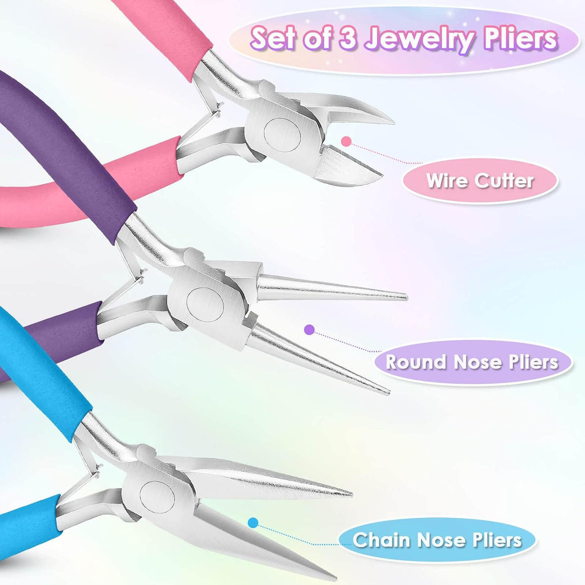 This premium pliers set includes needle nose, round nose, and wire cutters - perfect for all your jewelry projects, repairs, and crafting needs.
