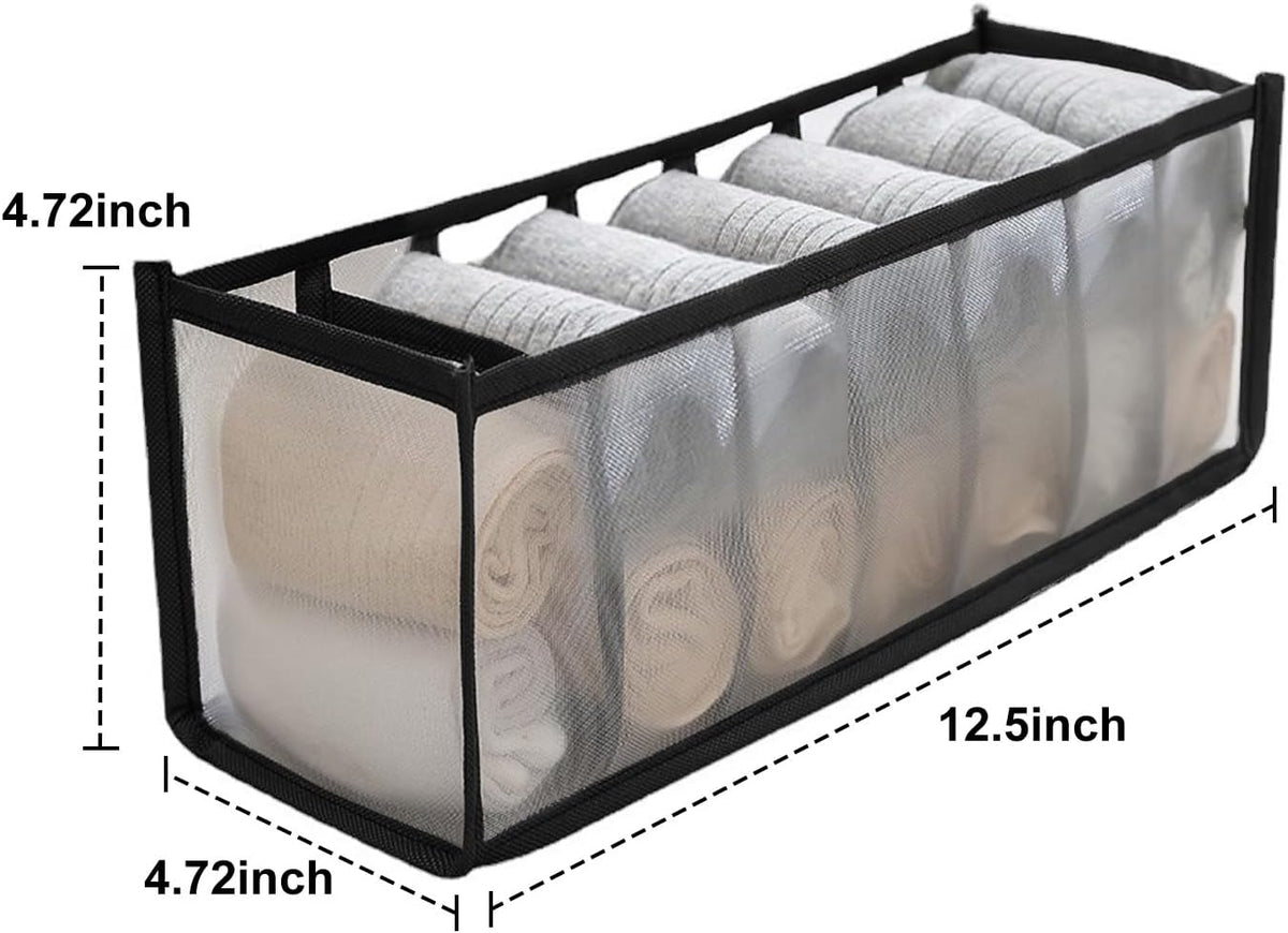 Underwear Storage Organizer, 7-Compartment Foldable Drawer Divider for Home, Closet, and Travel Use, Mesh Fabric Underwear Organizer Box (Black)