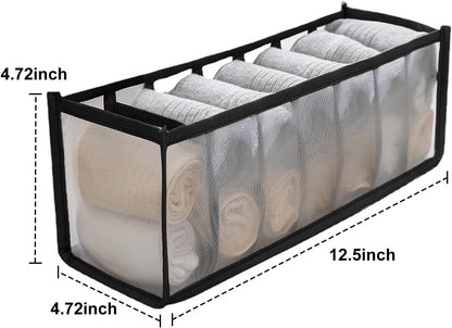 Underwear Storage Organizer, 7-Compartment Foldable Drawer Divider for Home, Closet, and Travel Use, Mesh Fabric Underwear Organizer Box (Black)