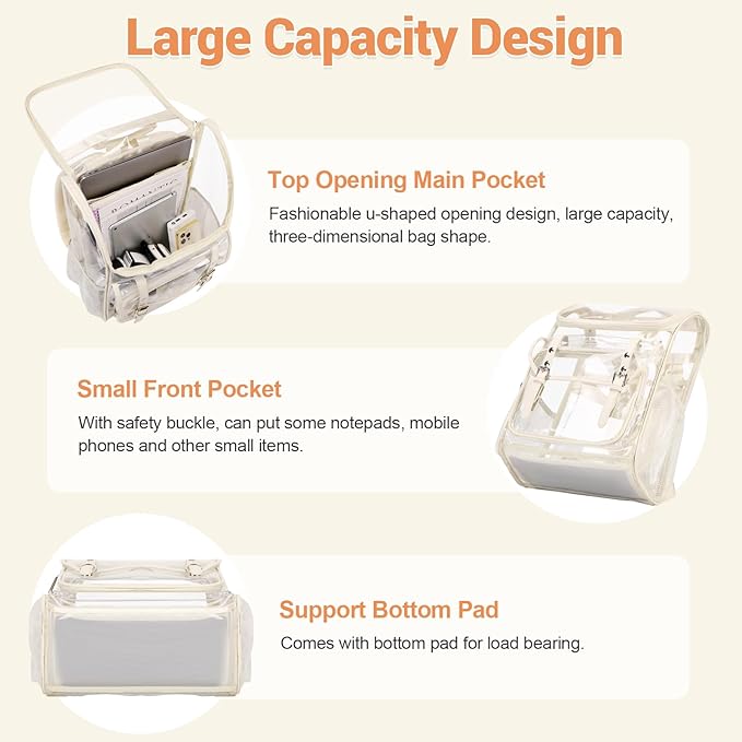 Clear Backpack with Clear Bag Set, Leather Clear Backpack Heavy Duty Thick PVC Clear Bookbag Fashion See Through Transparent Backpack with Support Pad for College Travel Work Security Beige