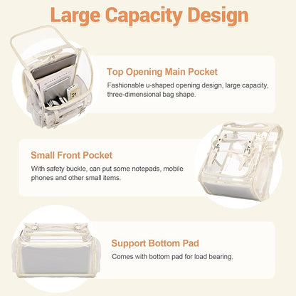 Clear Backpack with Clear Bag Set, Leather Clear Backpack Heavy Duty Thick PVC Clear Bookbag Fashion See Through Transparent Backpack with Support Pad for College Travel Work Security Beige