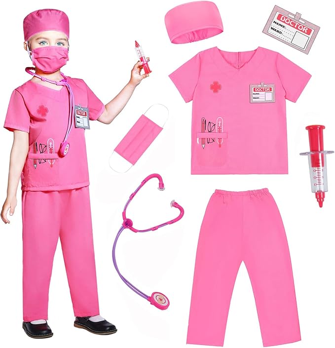 Kids Scrubs for Girls Kids Doctor Costume 7pcs Play Kits with Costume and Accessories for Halloween Parties