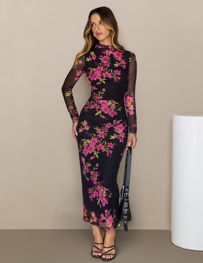 MEROKEETY Women's Spring Wedding Guest Dress 2026 Long Sleeve Bodycon Floral Mesh Fall Cocktail Holiday Party Maxi Dresses