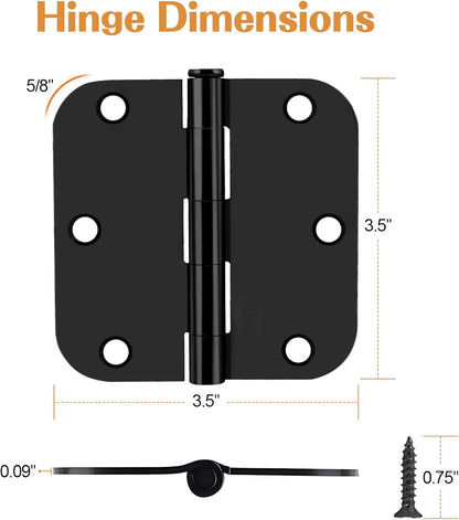 Probrico Interior Door Hinges Black, 3.5 X 3.5 Inch Door Hinges Rounded 5/8" Radius Corners, Black Hinges for Door Hardware, 12 Pack