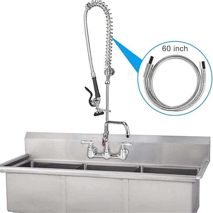 60 Inch Commercial Pre Rinse Sprayer Hose 1.42 GPM Pre Rinse Faucet Hose for Kitchen Sink Faucet, Flexible Stainless Commercial Kitchen Dish Spray Hose Replacement Kit