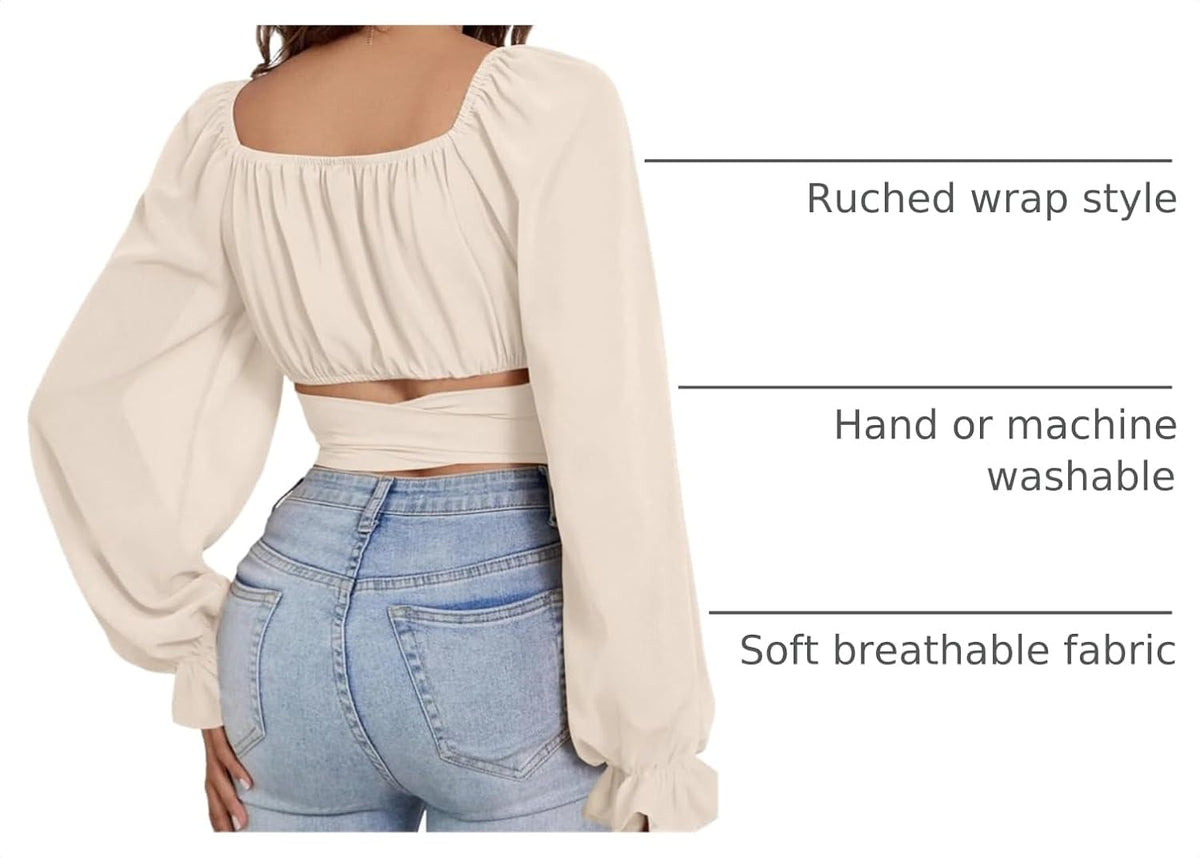 Light Yellow Rooscier Women's Ruched Wrap Square Neck Flounce Long Sleeve Self Tie Crop Top Blouse