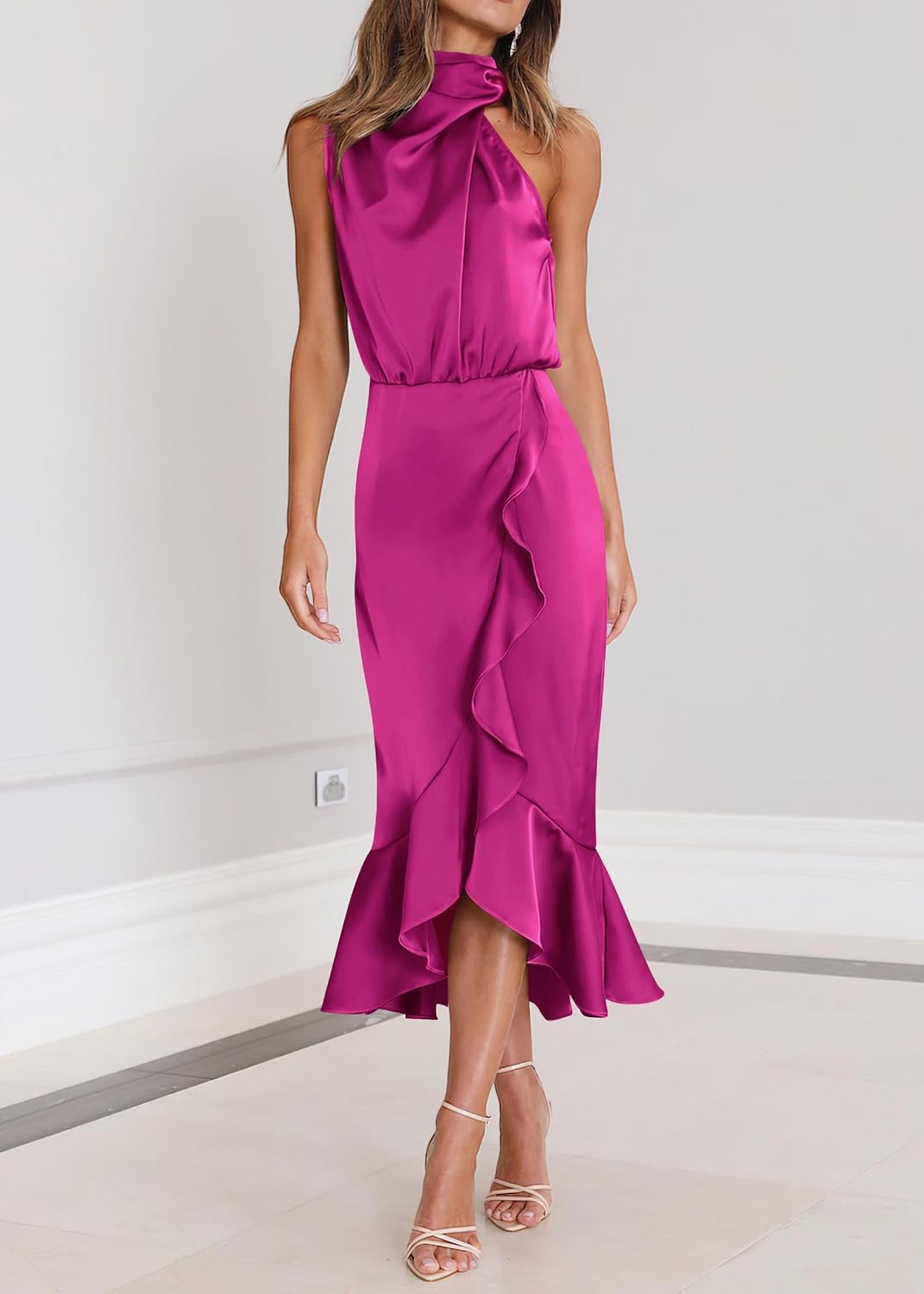 KIRUNDO Women 2026 Spring Summer Satin Mock Neck Wedding Guest Party Cocktail Midi Dress Sleeveless Wrap Ruffle Formal Dress