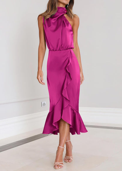 KIRUNDO Women 2026 Spring Summer Satin Mock Neck Wedding Guest Party Cocktail Midi Dress Sleeveless Wrap Ruffle Formal Dress