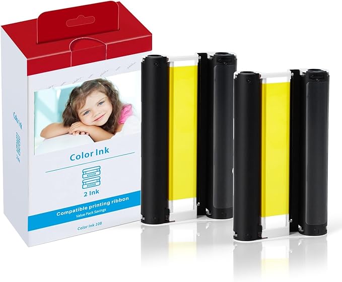 Selphy CP1300 CP1500 KP-108IN Color Ink Cassette Compatible with Canon Selphy CP1200 CP1000 CP910 CP900 CP760 CP740 CP Wireless Compact Photo Printer 4 x 6 inch (KP108 Ink only, No Paper), 2-Pack