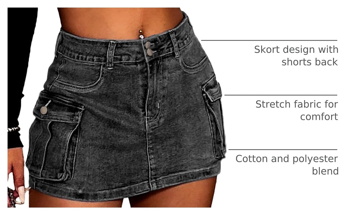 High Stretchy Denim Cargo Skort for Women, High Waist, Casual Mini Y2K Jean Skirt Shorts with Pockets