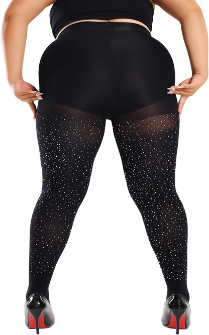 Women's 80D Sparkly Rhinestone Tights, Soft Footed Tights Opaque Solid Color Pantyhose Glitter Party Stockings