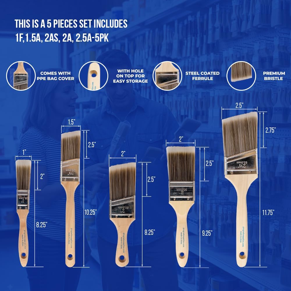 Pro Grade Paint Brush Set, 5 Piece, Interior & Exterior