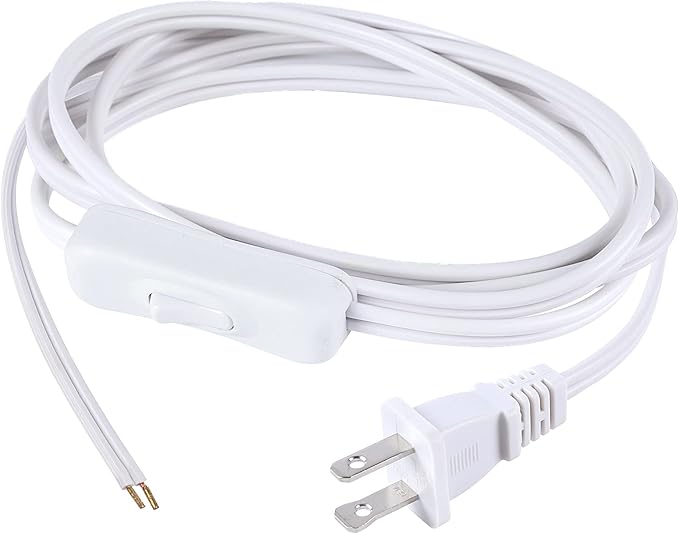 Lamp Cord has Button Switch UL304 2A/120V,Plug,Stripped Ends Ready for Wiring 18 AWG SPT-2, White (6FT)