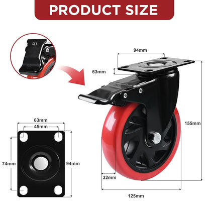 Caster Wheel, Heavy Duty 5 Inch Caster, Locking Swivel Caster Wheel for Cart, Furniture and Workbench, Red