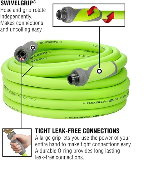 Flexzilla Garden Hose with SwivelGrip, 5/8 in. x 50 ft., Heavy Duty, Lightweight, Drinking Water Safe, ZillaGreen - HFZG550YWS-E