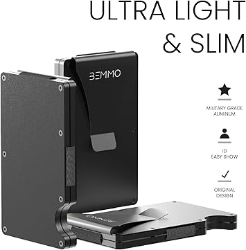 Bemmo Slim minimalist Credit Card wallet with Money Clip aluminum metal holder RFID Blocking carbon fiber, Great Gift Idea (Black aluminum)