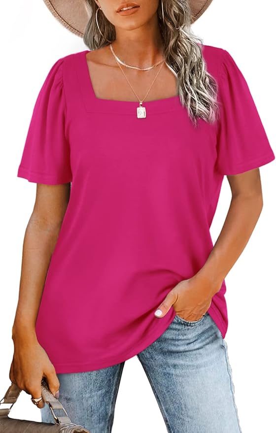 WIHOLL Womens Summer Tops Casual Square Neck Puff Short Sleeve T Shirts
