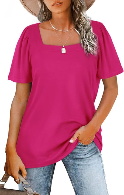 WIHOLL Womens Summer Tops Casual Square Neck Puff Short Sleeve T Shirts