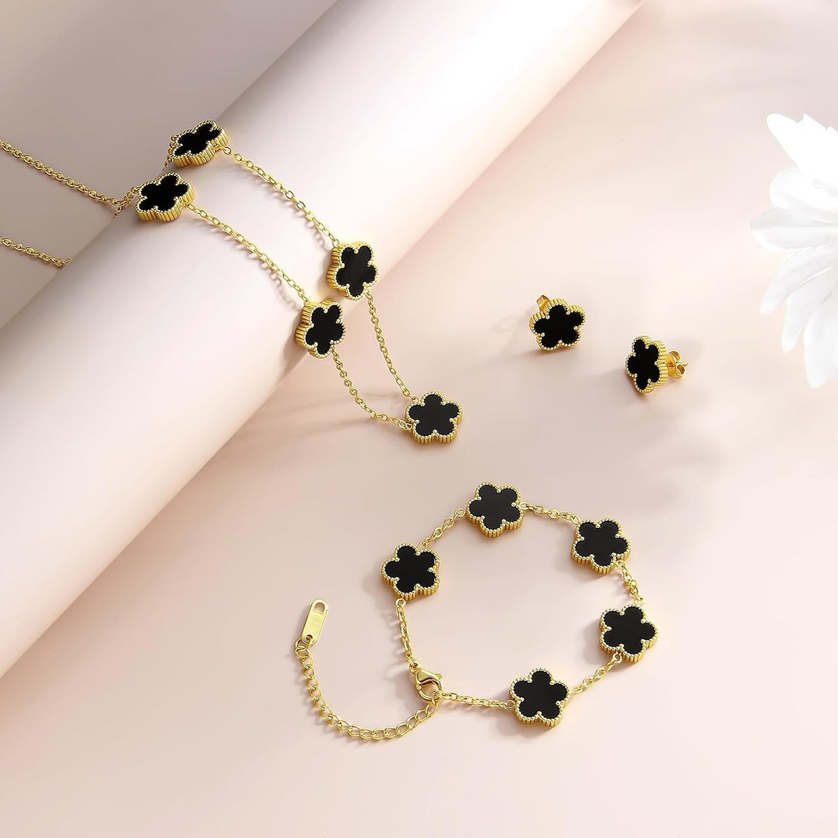 AmorArtSky Lucky Clover Jewelry Set - 18K Gold Plated Flower Design Five Leaf Bracelet, Necklace Pendant, Earrings for Women - Lucky Gifts for Mom, Wife, Daughter, Friends