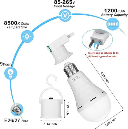2 Pack Emergency Rechargeable Light Bulbs,Battery Operated Backup Light Bulb 9W E27 8500K 1200mAh White Equivalent Self-Charging LED Light Bulbs for Power Outage Camping Outdoor Activity