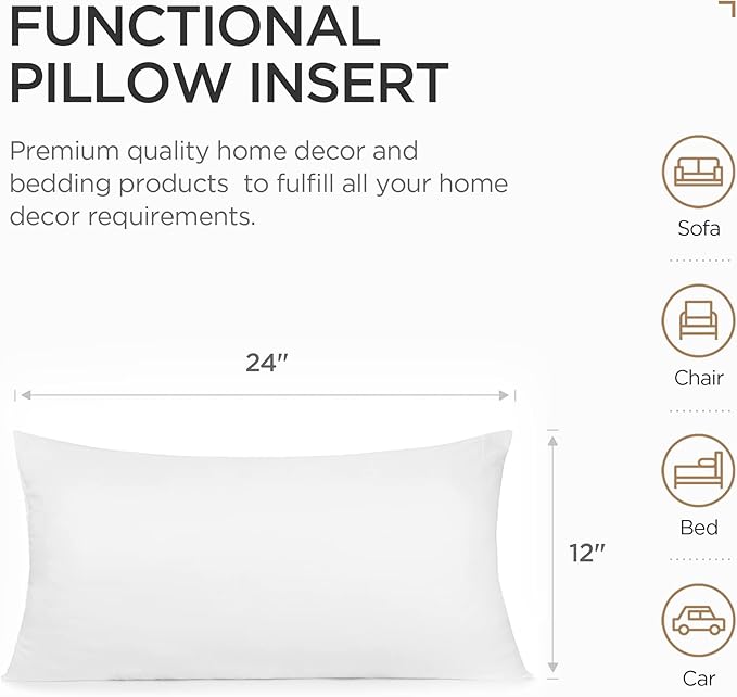 Acanva Throw Pillow Stuffer Inserts Decorative Rectangle Premium Sham Forms Cushion for Sofa Couch Chair, 12x24 Inch (Pack of 1), White
