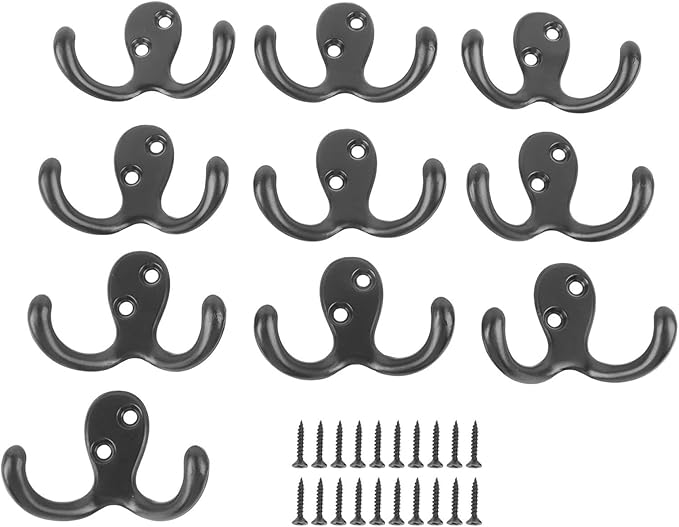 aqxreight 10pcs Black Double Prong Coat Hooks Wall Mounted Retro High Durability Zinc Alloy Wall Hooks for Bathroom Kitchen Double Prong Coat