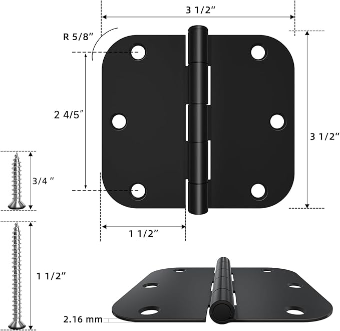 HOSOM Door Hinges 3 Pack Rounded Matte Black Door Hinge 3.5 x 3.5 inch with 58 Radius, Black 3 12 Interior Door Hinges, 3 12"x 3 12" Hardware