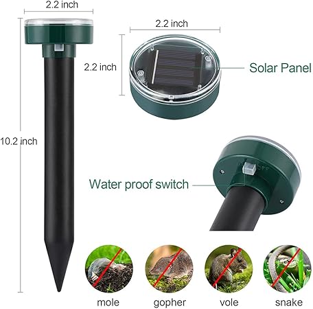 (2 Pack) Gopher Repellent Ultrasonic Solar Powered - Easy to Use Solar Mole Repellent Ultrasonic with an Auger Drill Bit - IP65 Waterproof Sonic Repeller Stakes for Groundhog, Vole, Snake, etc