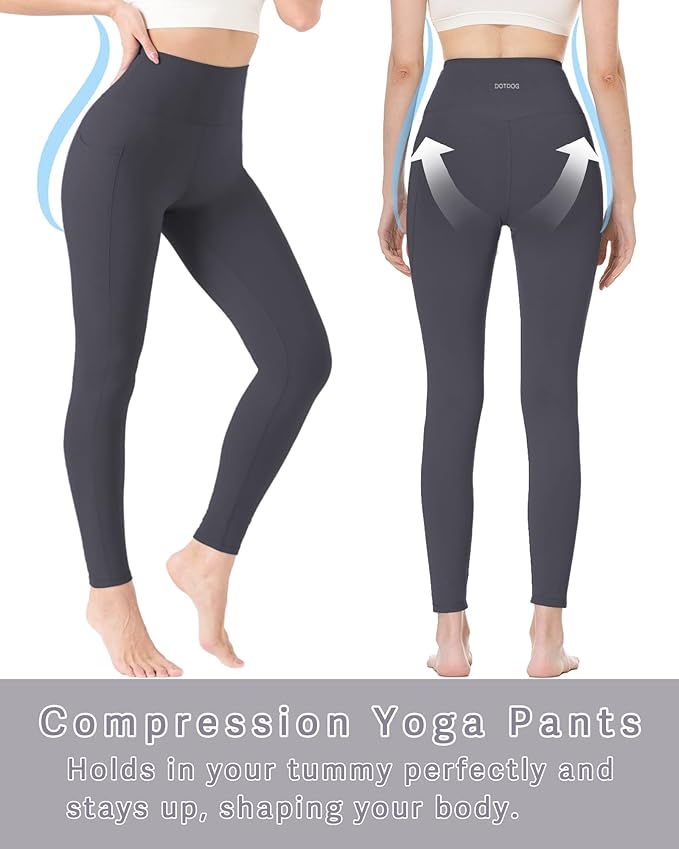 DOTDOG High Waisted Yoga Leggings for Women Tummy Control Legging with 3 Pockets Buttery Soft Compression Workout Yoga Pants