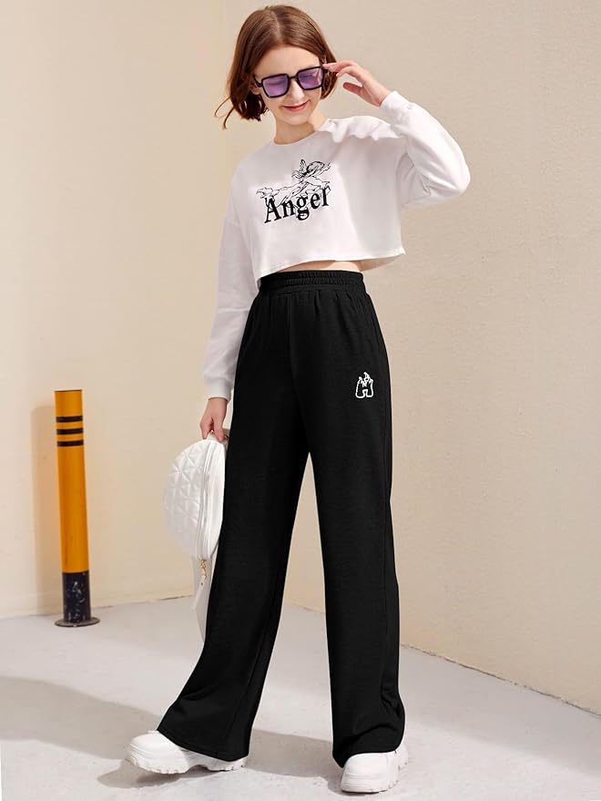 Verdusa Girl's Graphic Embroidery Straight Leg Sweatpants Elastic Waist Joggers with Pockets