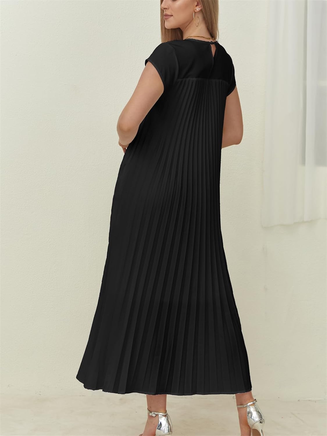 KEOMUD Women Summer Pleated Maxi Dress Casual Short Sleeve Crewneck Flowy Swing Long Dress with Pockets