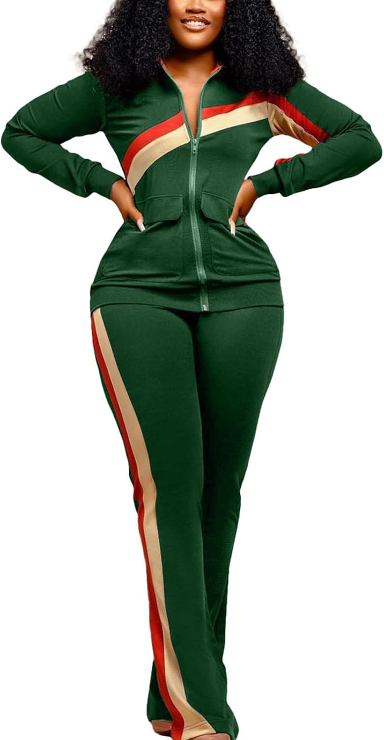 2Piece Outfits for Women Long Sleeve Striped Zipup Jacket Wide Leg Long Pant Retro Tracksuit Sport Set Wine Red