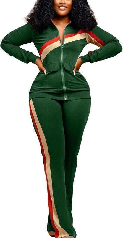 2Piece Outfits for Women Long Sleeve Striped Zipup Jacket Wide Leg Long Pant Retro Tracksuit Sport Set Wine Red