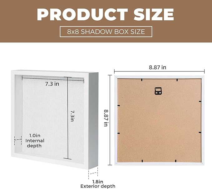 Muzilife 8x8 Shadow Box Picture Frame with Linen Board - Deep Wood & Tempered Glass Display Case Memory Box Baby Sports Memorabilia, Pins, Awards, Medals, Wedding, Tickets and Photos (White)