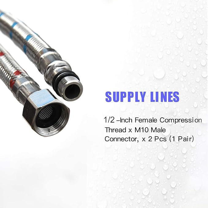 32-Inch Long Bathroom Kitchen Faucet Connector Braided Stainless Steel Faucet Supply Lines 1/2-Inch Female Compression Thread x M10 Male Connector, x 2 Pcs (1 Pair)