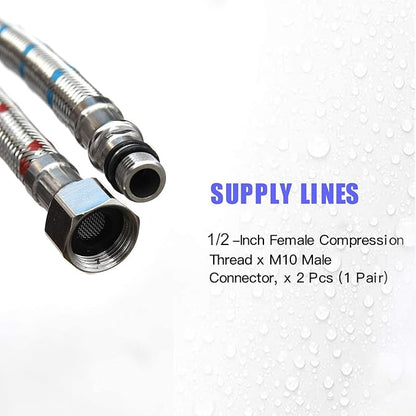 32-Inch Long Bathroom Kitchen Faucet Connector Braided Stainless Steel Faucet Supply Lines 1/2-Inch Female Compression Thread x M10 Male Connector, x 2 Pcs (1 Pair)